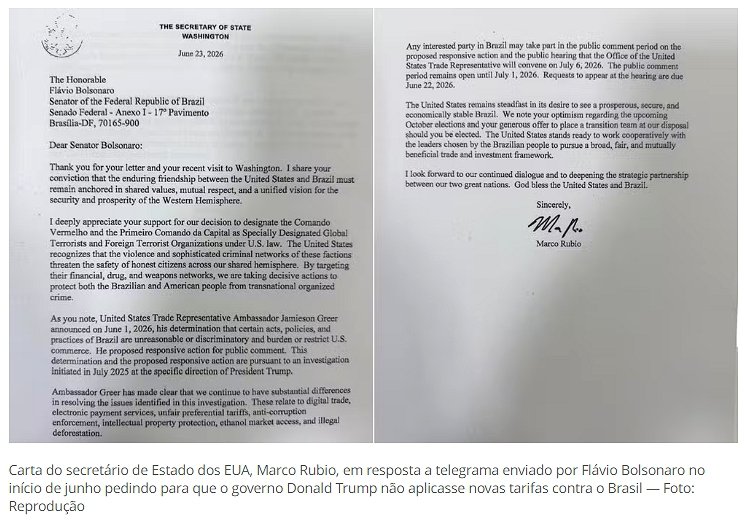 MARCO RUBIO RESPONDE CARTA DE FLÁVIO E EXPÕE POSIÇÃO DOS EUA SOBRE NOVAS TARIFAS